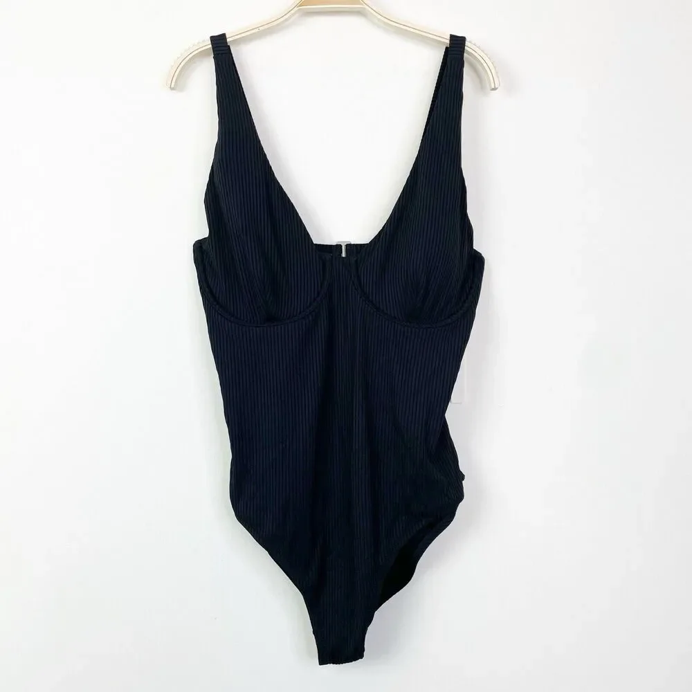 Madewell Plus Ribbed‎ Underwire Open-Back One-Piece Swimsuit 2X True Black NJ970